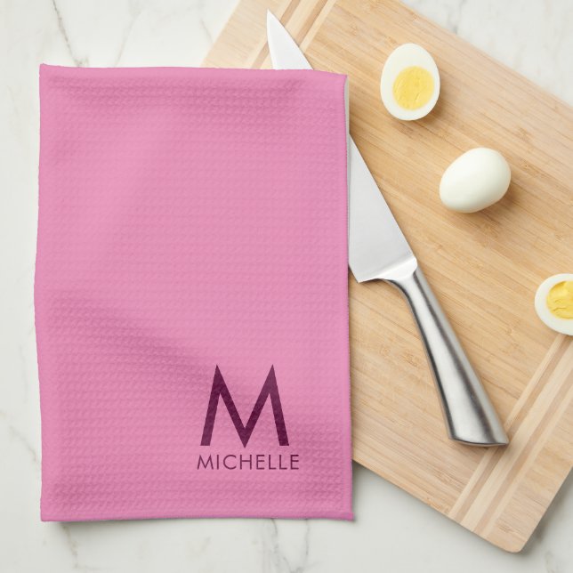 Custom Text  Colour Elegant Pink Template Monogram Kitchen Towel (Quarter Fold)