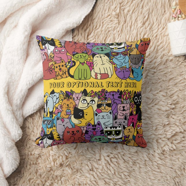 Custom Text & Colour Funny Cats Illustration Throw Pillow (Blanket)