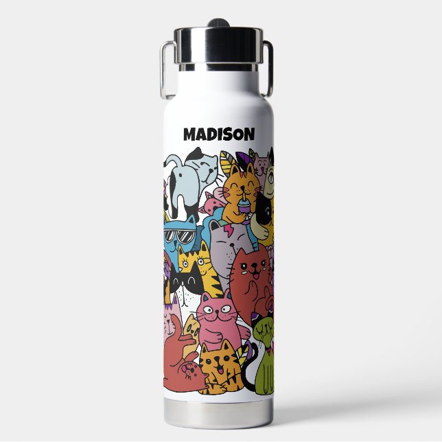 Custom Text & Colour Funny Cats Illustration Water Bottle (Front)