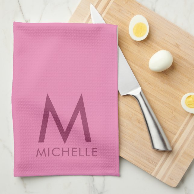 Custom Text Colour Pink Monogram Initial Name Kitchen Towel (Quarter Fold)
