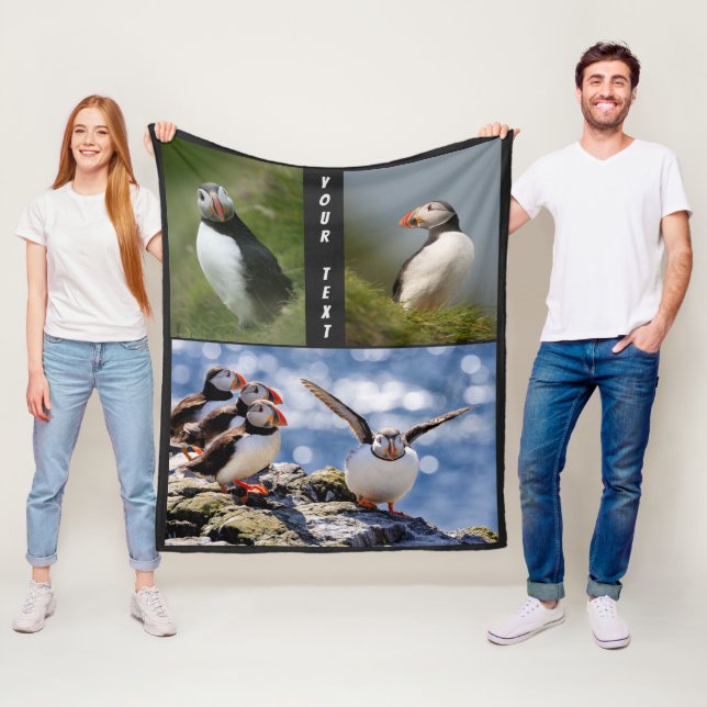 Custom text & colour Puffins fleece blankets (In Situ)