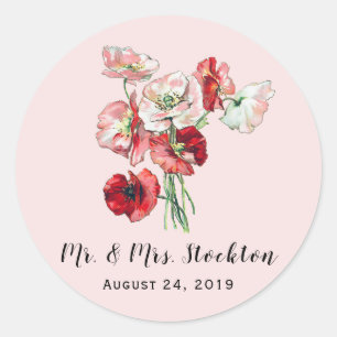 Custom Text & Colour Red/Pink Poppies Wedding Posy Classic Round Sticker