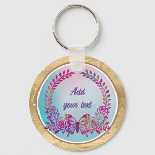 Custom Text, Colourful Butterfly and Flower Keychain