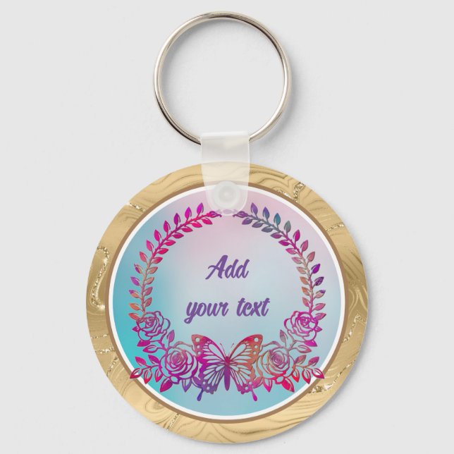 Custom Text, Colourful Butterfly and Flower Keychain (Front)