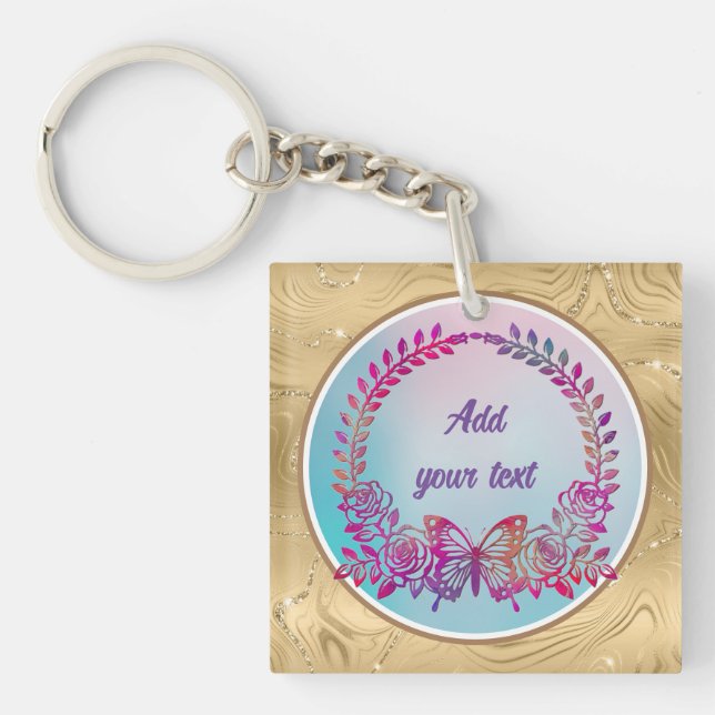 Custom Text, Colourful Butterfly and Flower Keychain (Front)