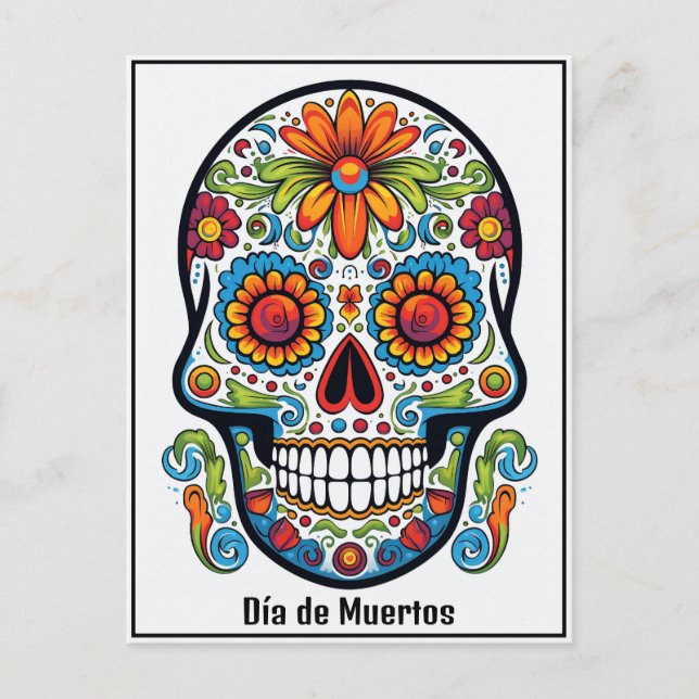 Custom text 💀 colourful doodle Día de Muertos Postcard (Front)