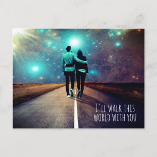 Custom Text Couple Walking to Universe Galaxy Road Postcard