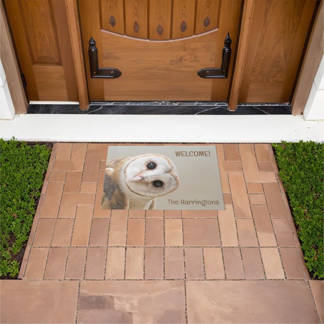 Custom Text Cute Barn Owl Doormat (Outdoor)