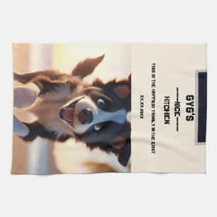 Custom text, cute black and white dog kitchen towel