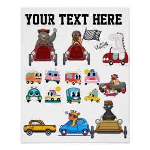 Custom Text Cute Cartoon Animals Racing Cars Kids  Poster