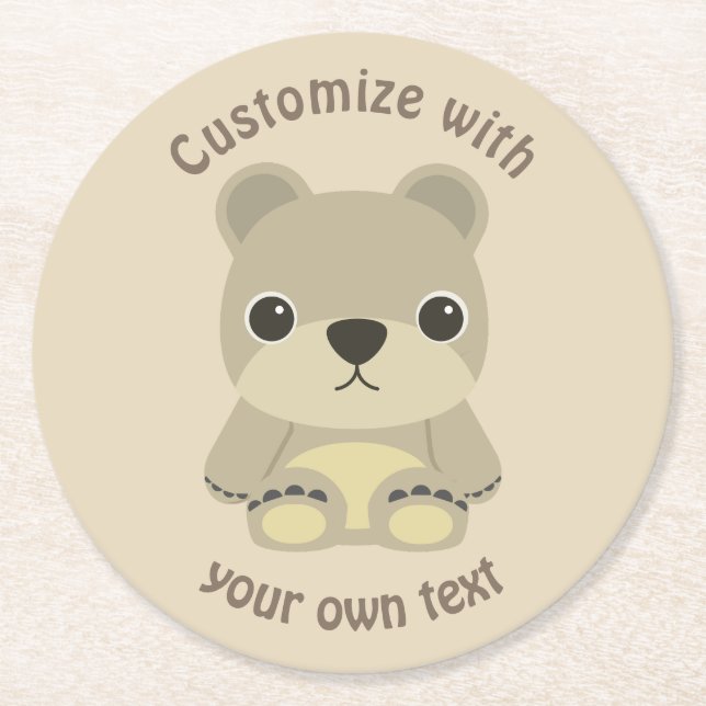 Custom Text Cute Cartoon Teddy Bear Round Paper Coaster (Front)