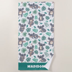Custom Text Cute Koalas Pattern Beach Towel
