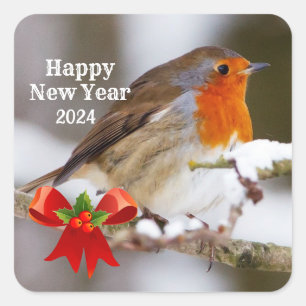 Custom Text cute robin New Year Greetings Square Sticker