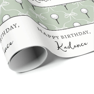 Custom Text Cute Sage White Bow Golf Pattern Wrapping Paper