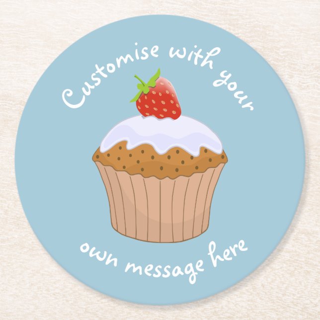 Custom Text Cute Strawberry Bun Blue Round Paper Coaster (Front)