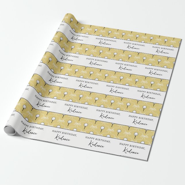 Custom Text Cute Yellow White Bow Golf Pattern Wrapping Paper (Unrolled)
