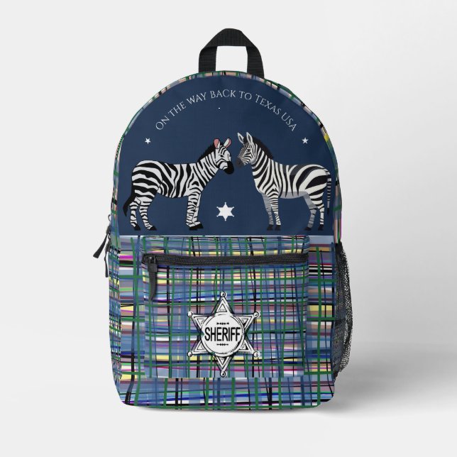 Custom text Cute zebra Tartan background navy blue Printed Backpack (Front)