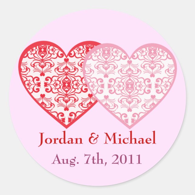 Custom Text Damask Heart Wedding Sticker (Front)