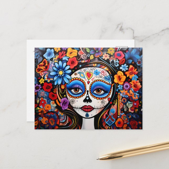 Custom text Dia de Muertos☠️ La Calavera Catrina Postcard (Front/Back In Situ)