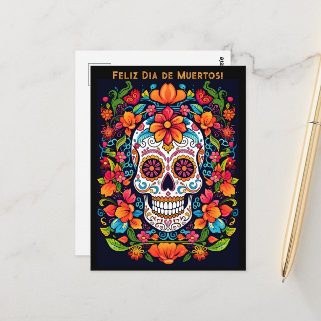 Custom text Dia de Muertos☠️ Sugar Skull  Postcard (Front/Back In Situ)