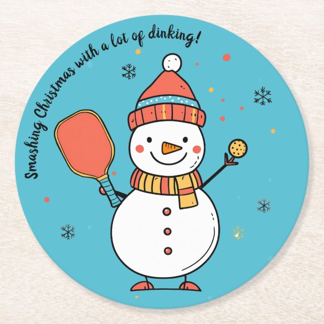 Custom text Dinking Snowman Round Paper Coaster (Front)