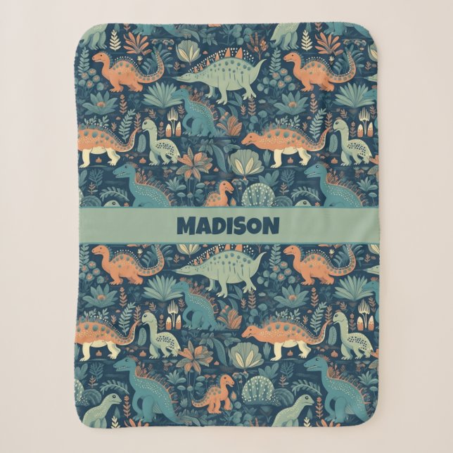 Custom Text Dinosaur Pattern Sherpa Blanket (Front)
