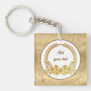 Custom Text, Elegant Gold Butterfly and Flower Keychain