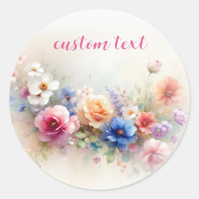 Custom Text Elegant Watercolor Flowers Template Classic Round Sticker (Front)