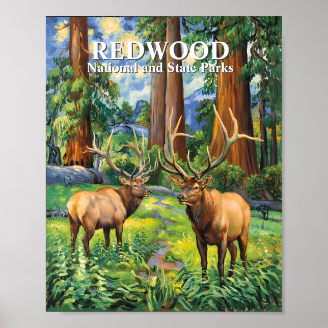Custom Text Elk Redwood California Forest Van Gogh Poster (Front)