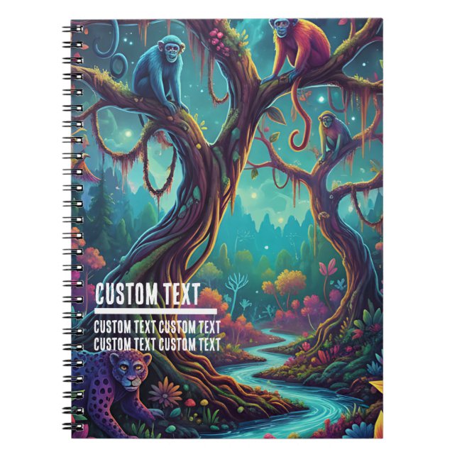 Custom Text Enchanted Forest Monkeys Colorful Notebook (Front)