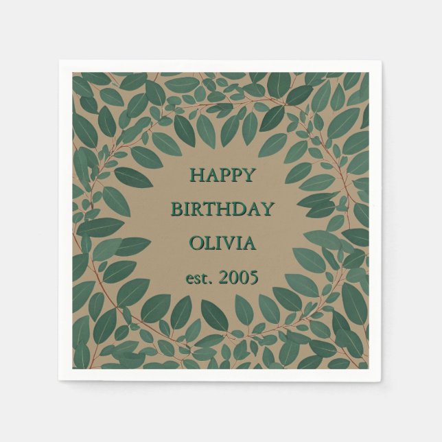 Custom text eucalyptus Frame Napkin – mocha brown (Front)