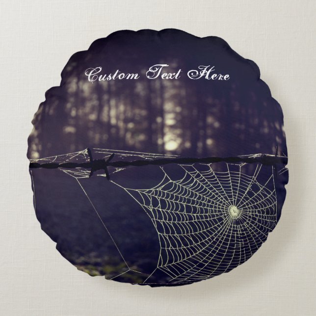 Custom Text/ Fall Spooky Forest Creepy Spider Web Round Pillow (Front)