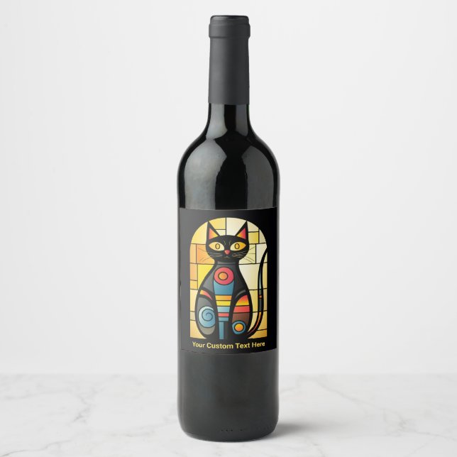 Custom Text Faux Stained Glass Cat Wine Label (Front)