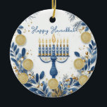 Custom text Festival of Lights Harmony Ceramic Ornament<br><div class="desc">This exquisite Hanukkah ceramic circle ornament, named “Festival of Lights Harmony, ” is a perfect addition to your holiday decor. It features a beautifully crafted Star of David in a stained glass style with rich hues of blue, gold, and brown, creating an elegant mosaic effect. In the centre, bold white...</div>