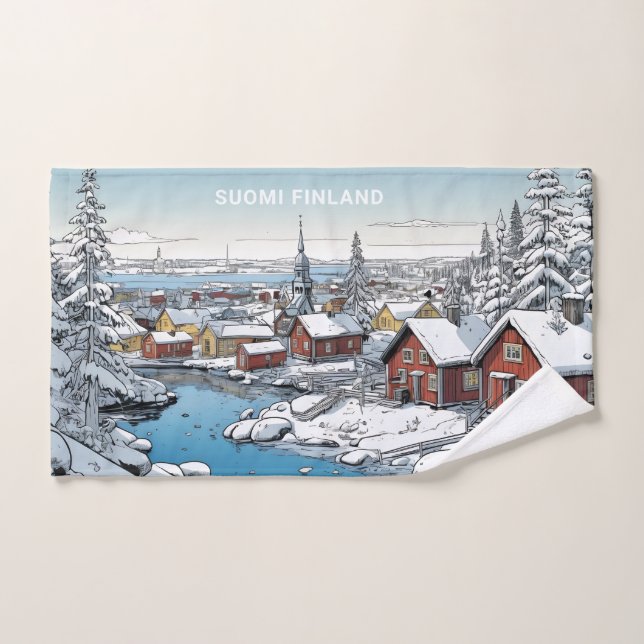 Custom Text Finland Winter Illustration Hand Towel (Hand Towel)