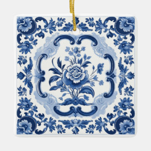 Custom Text Floral Dutch Tiles Pattern Ceramic Ornament