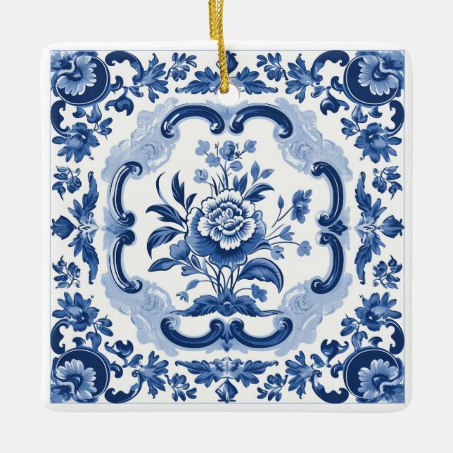 Custom Text Floral Dutch Tiles Pattern Ceramic Ornament (Front)