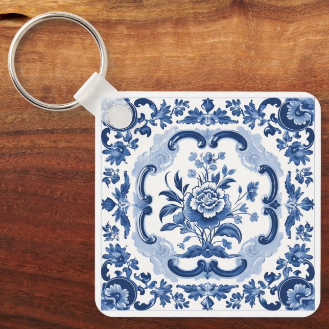 Custom Text Floral Dutch Tiles Pattern Keychain (Front)