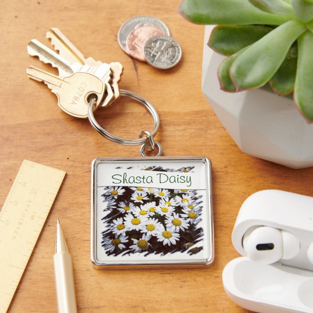 Custom Text Floral Shasta Daisy Flower Photograph Keychain (Desk)