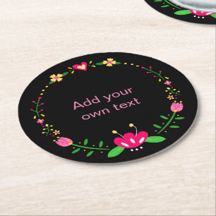 Custom Text Floral Wreath on Black Round Paper Coaster