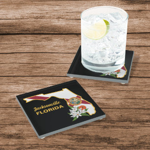 Custom Text Florida Flag & Flower Orange Blossom Glass Coaster