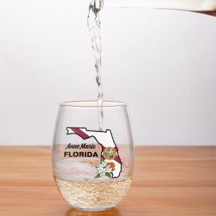 Custom Text Florida Flag & Flower Orange Blossom Stemless Wine Glass