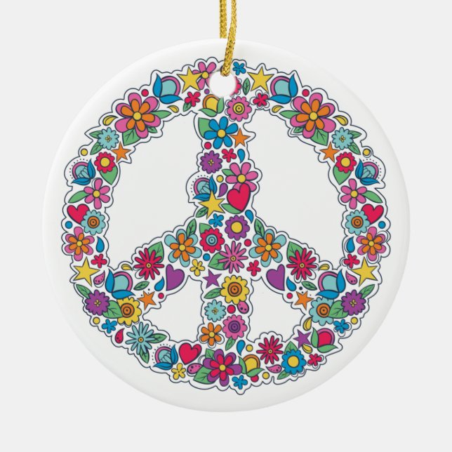 Custom Text Flower Peace Sign Ceramic Ornament (Front)