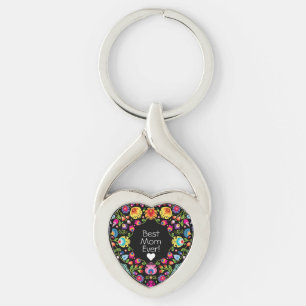 Custom text,  folklore flowers  heart keychain