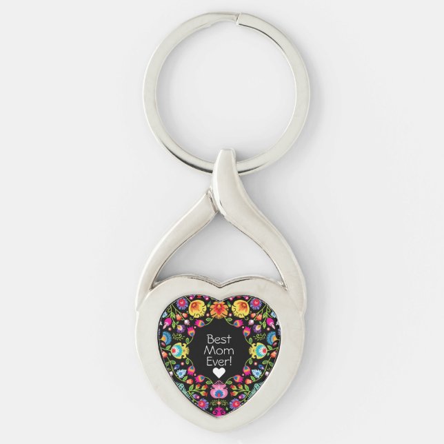 Custom text,  folklore flowers  heart keychain (Front)