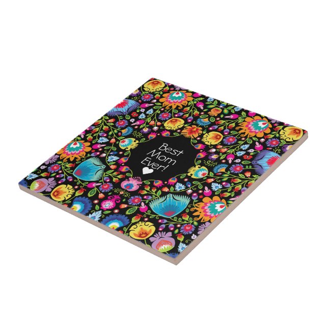 Custom text,  folklore flowers  tile (Side)