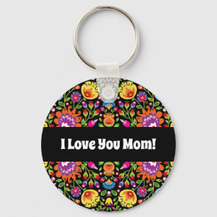 Custom text Folklore flowers Wycinanki black  Keychain