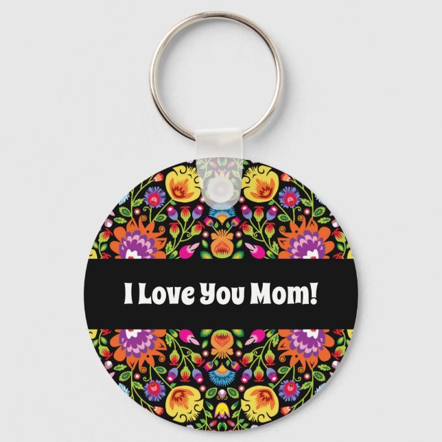 Custom text Folklore flowers Wycinanki black  Keychain (Front)