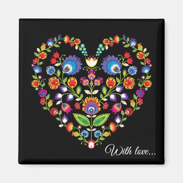 Custom text, Folklore heart, Wycinanki style   Magnet (Front)