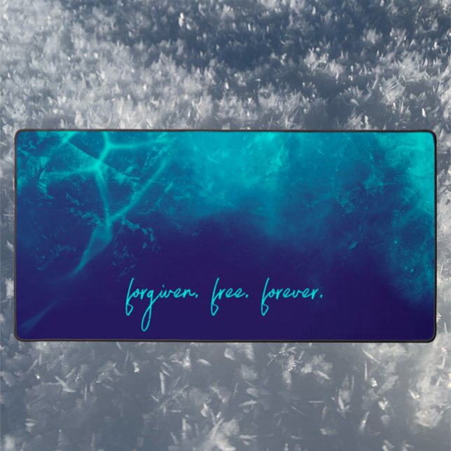 Custom Text Forgiven Cool Modern Christian  Desk Mat (Unique cool custom text desk mat. Teal blue ice nebula with modern editable Christian faith quote.
)